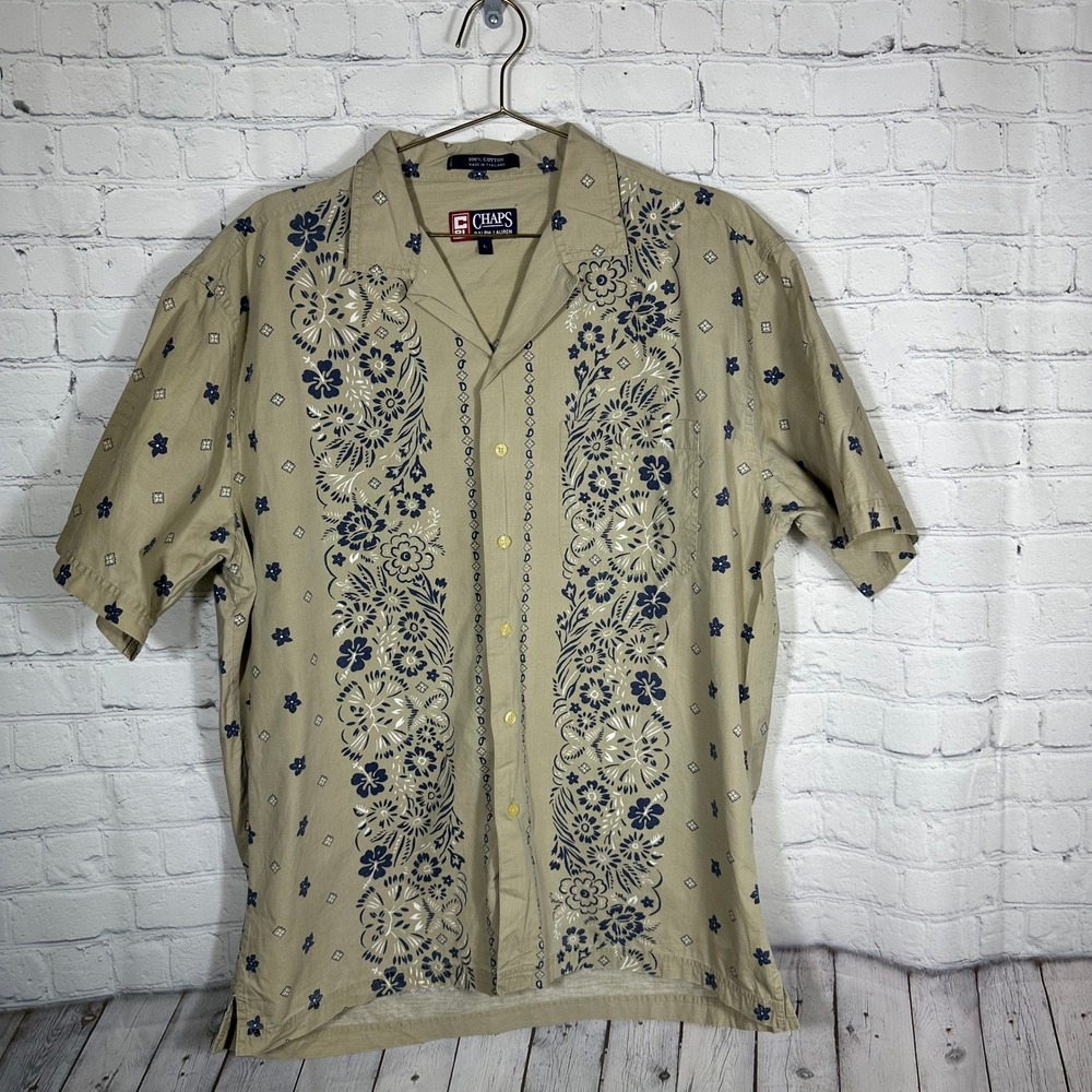 Chaps Ralph Lauren Mens Large Khaki Tan Navy Blue Floral Paisley Camp Shirt L